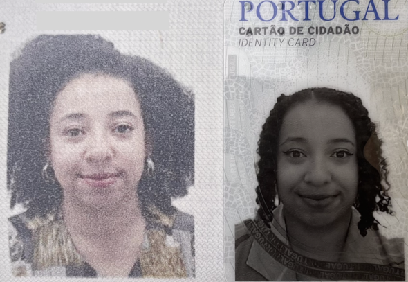 Fotografias de arquivo pessoal, do lado esquerdo, a foto do passaporte onde estou com o cabelo solto, do lado direito, a foto do cartão de cidadão onde o cabelo está texturizado com tranças, e parcialmente preso. 